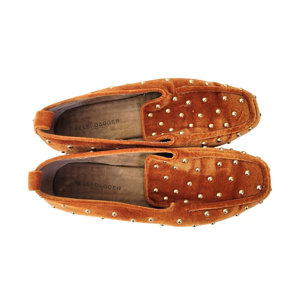 Kelsi Dagger Women's Velvet Loafers Finley Studded Square Toe Flats In Burnt Ora - Picture 2 of 9